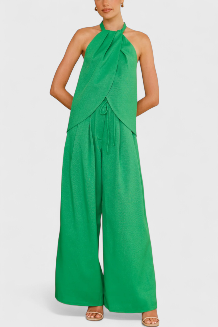Conjunto de Lino con Top de Abertura Frontal y Pantalón de Pierna Ancha