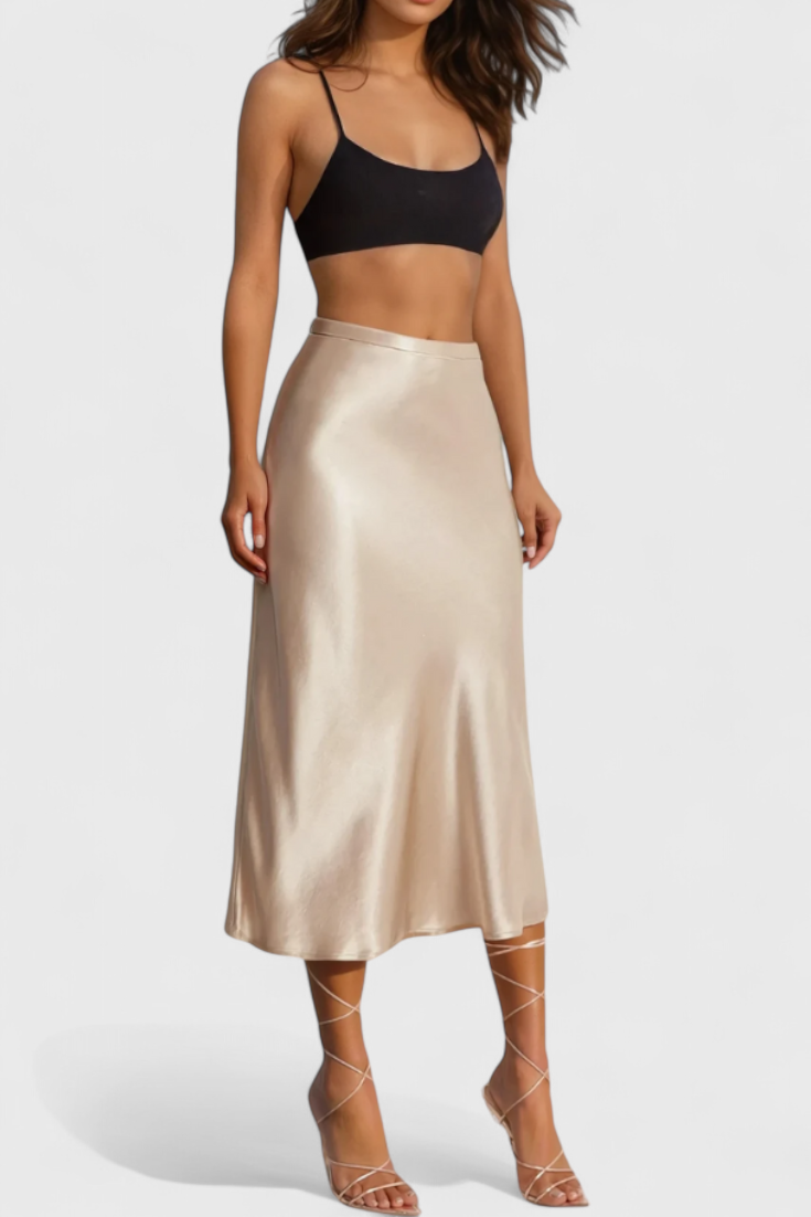 Selene | Falda Midi Satinada de Cintura Alta