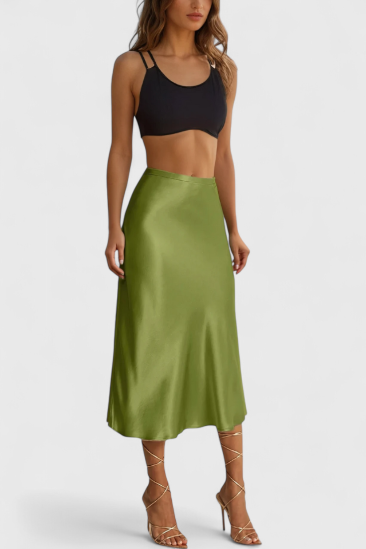 Selene | Falda Midi Satinada de Cintura Alta