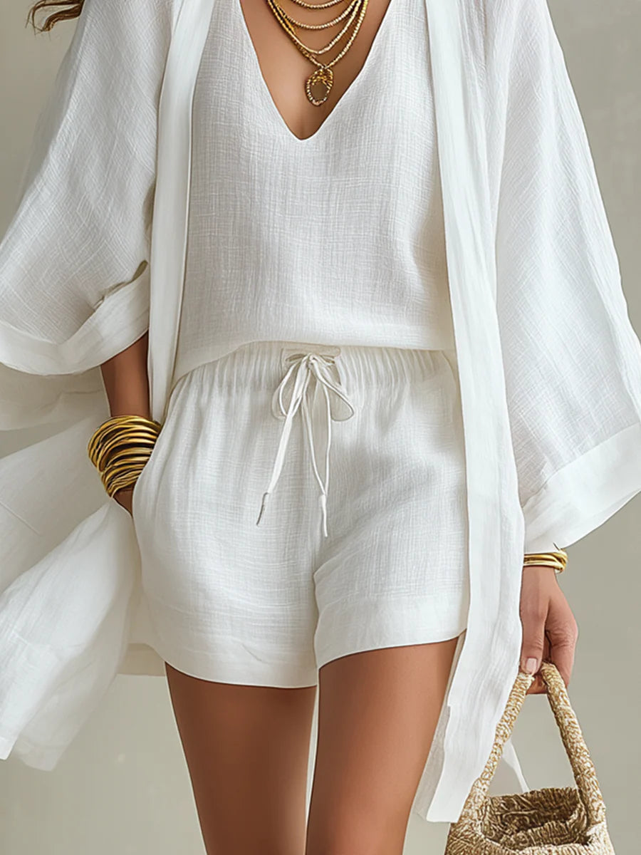 Conjunto de tres piezas: cárdigan holgado y shorts con cordón