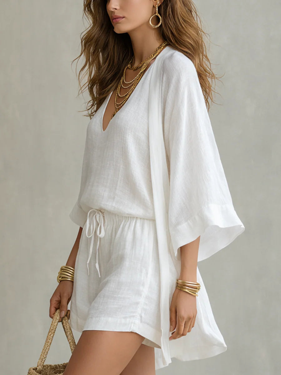 Conjunto de tres piezas: cárdigan holgado y shorts con cordón