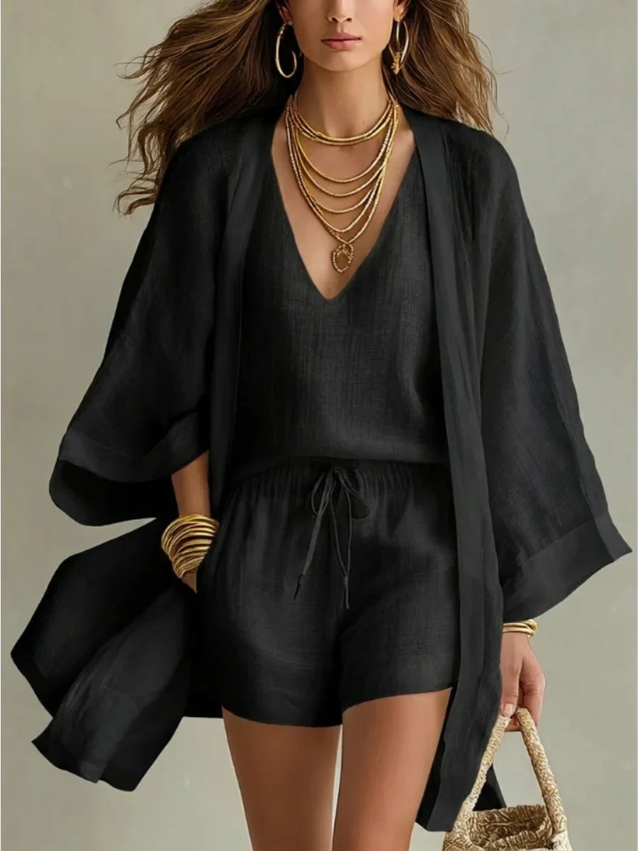 Conjunto de tres piezas: cárdigan holgado y shorts con cordón