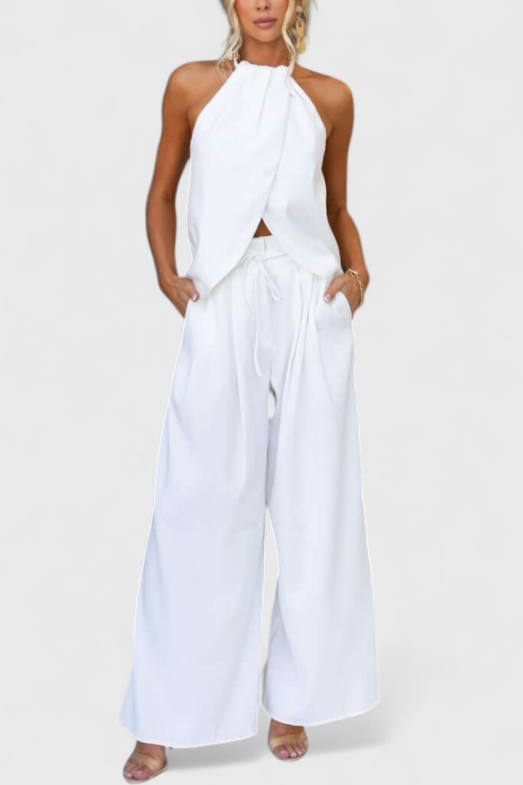 Conjunto de Lino con Top de Abertura Frontal y Pantalón de Pierna Ancha