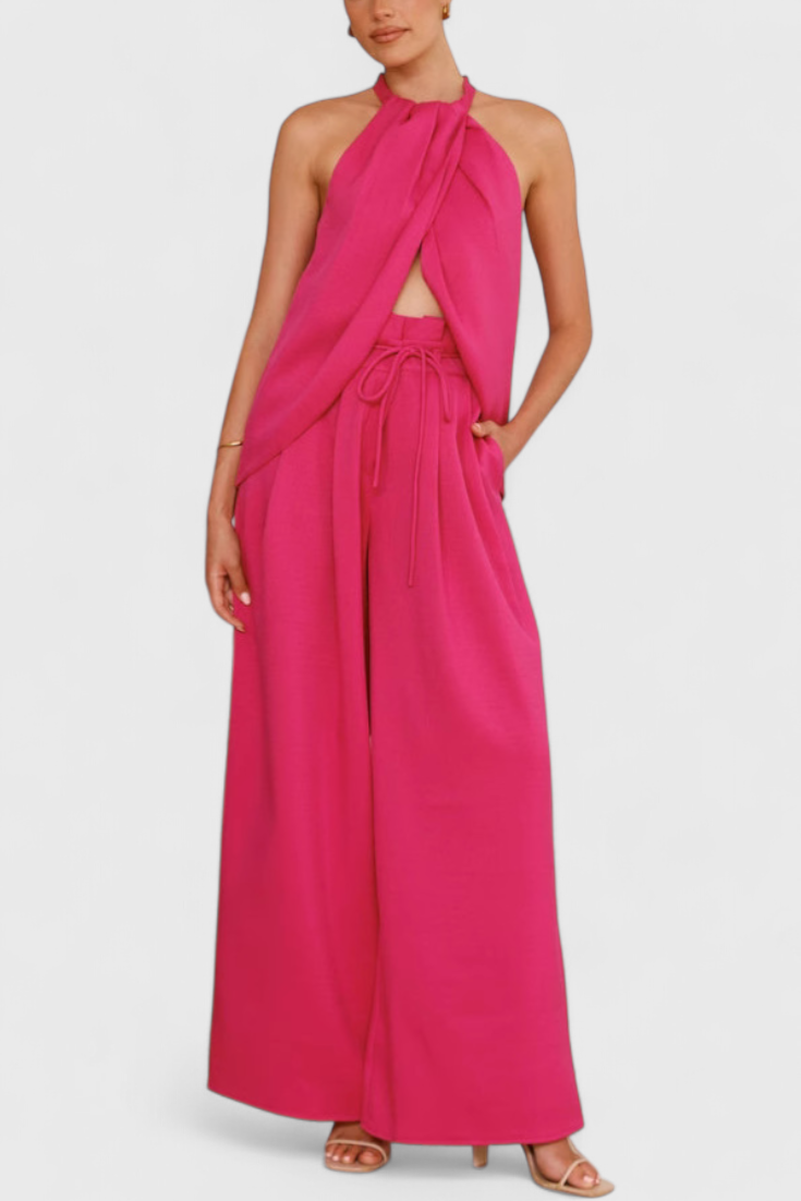 Conjunto de Lino con Top de Abertura Frontal y Pantalón de Pierna Ancha