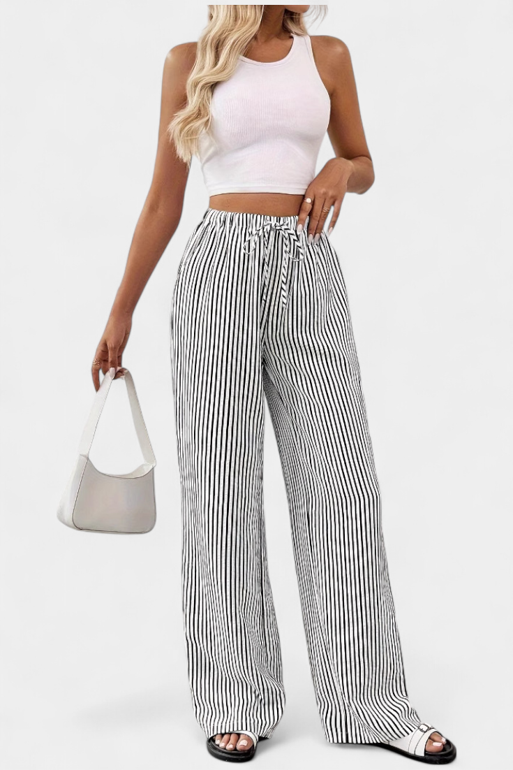Nadine | Pantalón Recto de Rayas con Cintura Ajustable
