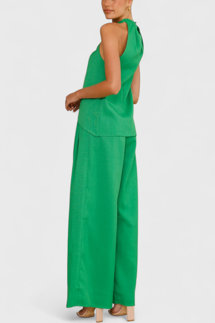 Conjunto de Lino con Top de Abertura Frontal y Pantalón de Pierna Ancha